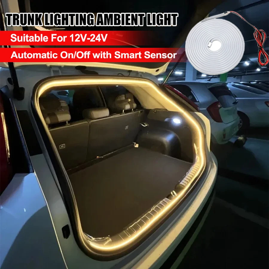 Car High Brightness Trunk Ambient Light Universal 12-24V 2/4M SUV Flexible PVC Tailgate Light Strip with Automatic On/Off Sensor