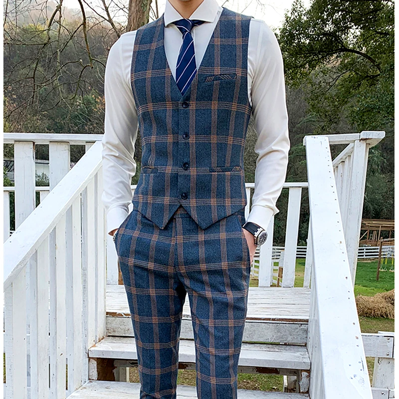 Herren 3-teiliger Anzug Blazer + Weste + Hose Plaid Slim Fit Freizeit Hochwertiger Smoking Hochzeit Kostüm Party Abschlussball Kleid Herrenanzüge