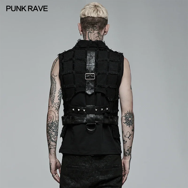 PUNK RAVE Men\'s Gothic Asymmetric Personality Twill Black Vest Casual Handsome Tank Top Back Hollow Out Design Four Seasons