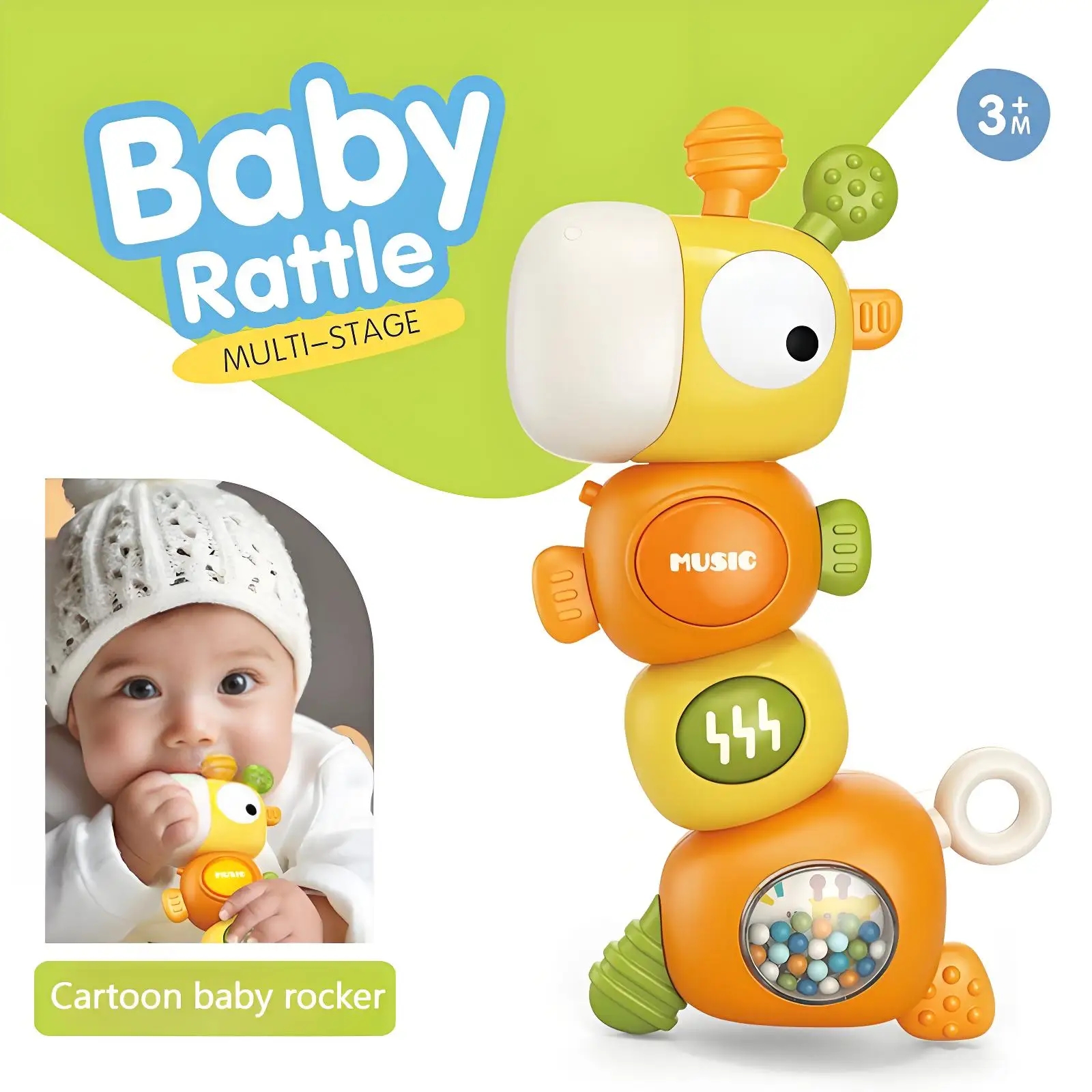 Jerapah Teether mainan kerincingan genggam musik Shaker dengan tombol suara, Twistable & Chewable bayi menenangkan mainan