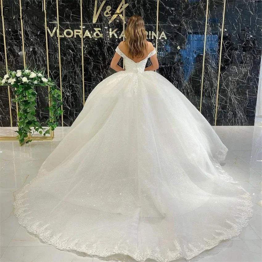 Personalizado fora do ombro vestido de casamento para mulher renda applique glitter tule vestido de noiva com decote em v a linha robe de mariée