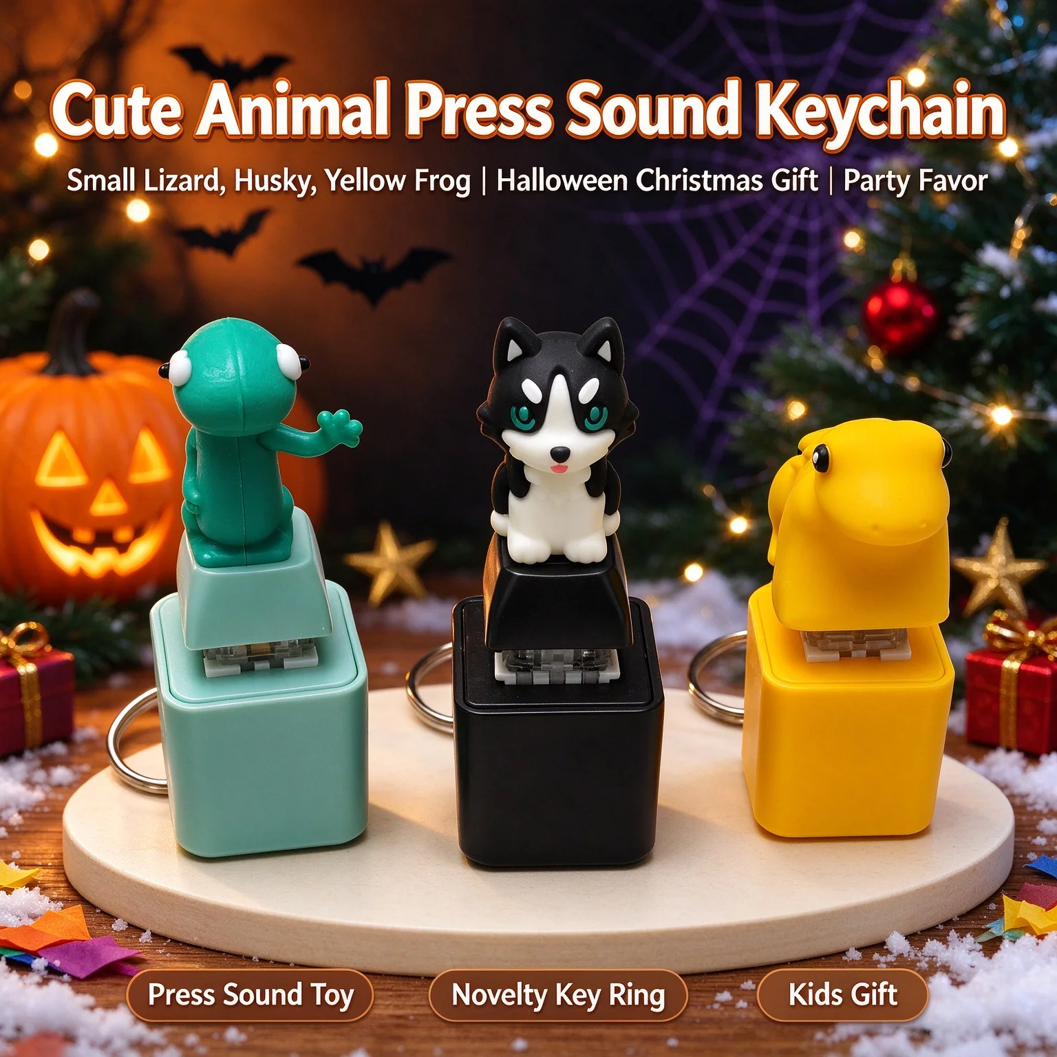 Cute Animal Press Sound Keychain, Small Lizard Husky Crocodile Keyring, Halloween Christmas Gift, Novelty Party Favor Pendant