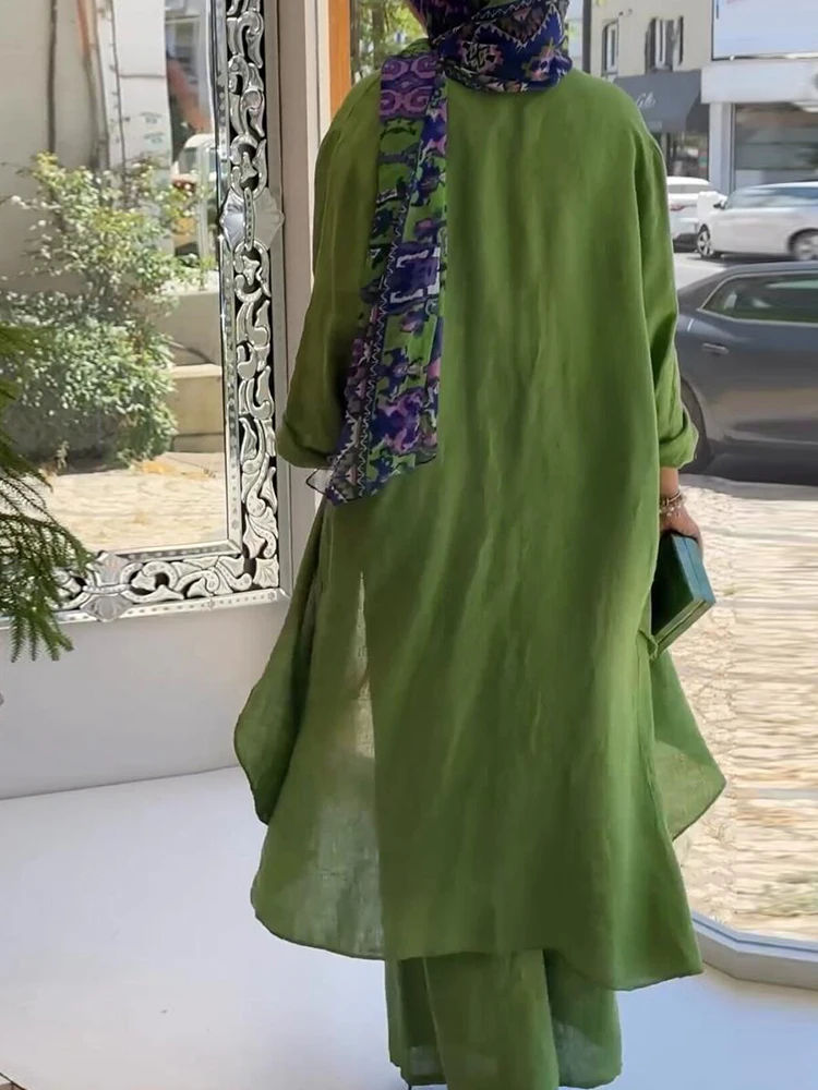 2 Piece Long Sleeve Maxi Shirts+Wide Leg Pants Eid Muslim Women Elegant Sets Abaya Dubai Turkey Islamic Casual Tops Solid Outfit