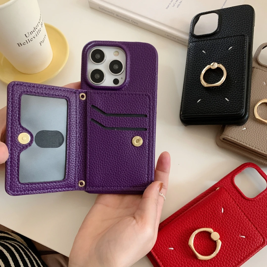 

Simple Card pocket Ring holder Leather case For iphone 15 11 12 Pro Max 14pro 13Pro Phone stand case Shockproof protective cover