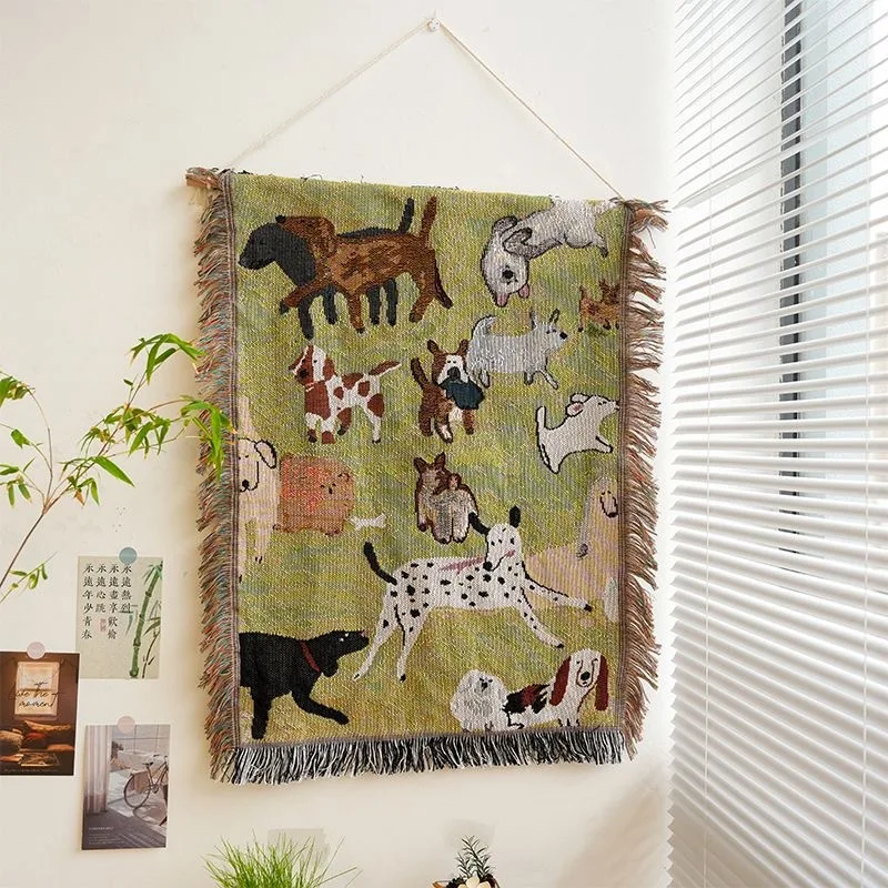 Camping Aesthetic Blanket Sofa Cover Nap Blanket Outdoor Camping Knitted Decoration Tiger and Dog Pattern Tapestry Spring Green