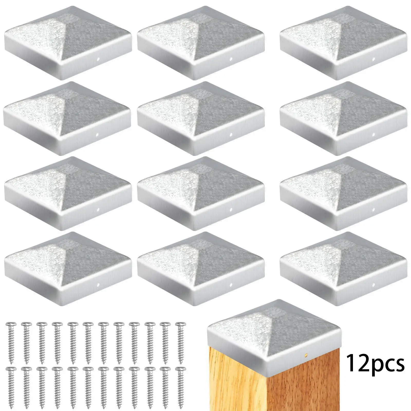 Post Cap Set Zinc Steel Pyramid Design Silver Fits 7x7cm Wooden Fence Protects Top from Rot and Cracking