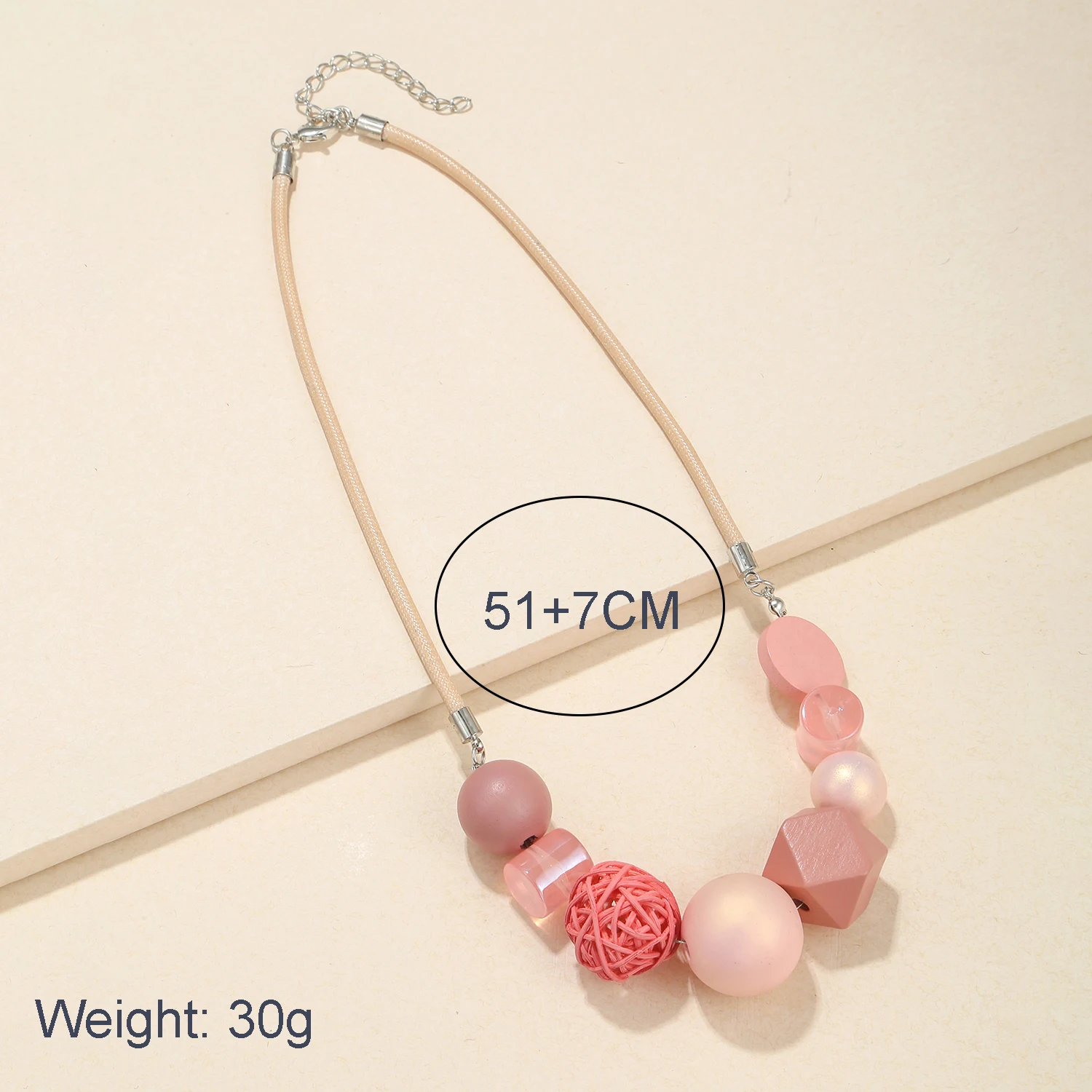 Vintage Handmade Geometric Wood Beads Necklace for Women Pink Cute Romantic Rope Chain Necklaces Pendants Sweet Fashion Necklace