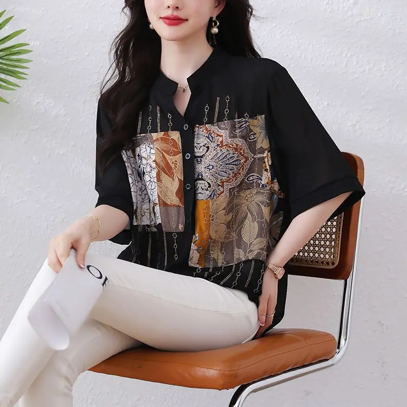 Summer Women\'s Pullover Round Neck Asymmetrical Bright Silk Button Chiffon Printed Geometric Pattern Casual Loose Elegant Tops