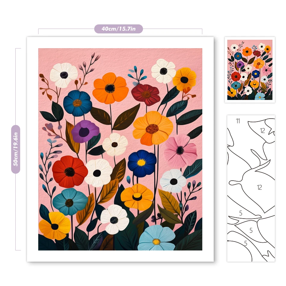 Einfaches Malen nach Zahlen, rosa Blumen, einfaches Bastelzubehör, Kunsthandwerk für Erwachsene, Ölkunst, Farbset, Leinwand, Geschenkbilder