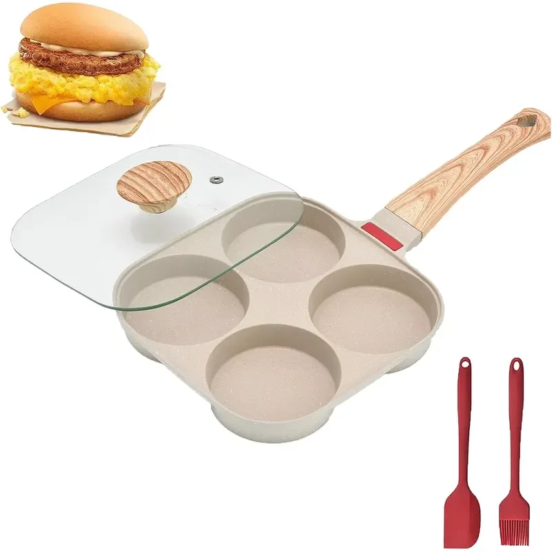 Square Nonstick Fried Egg Pan 4 Cup Capacity with Glass Lid Induction Compatible Cookware Set for All Stovetops Kitchen