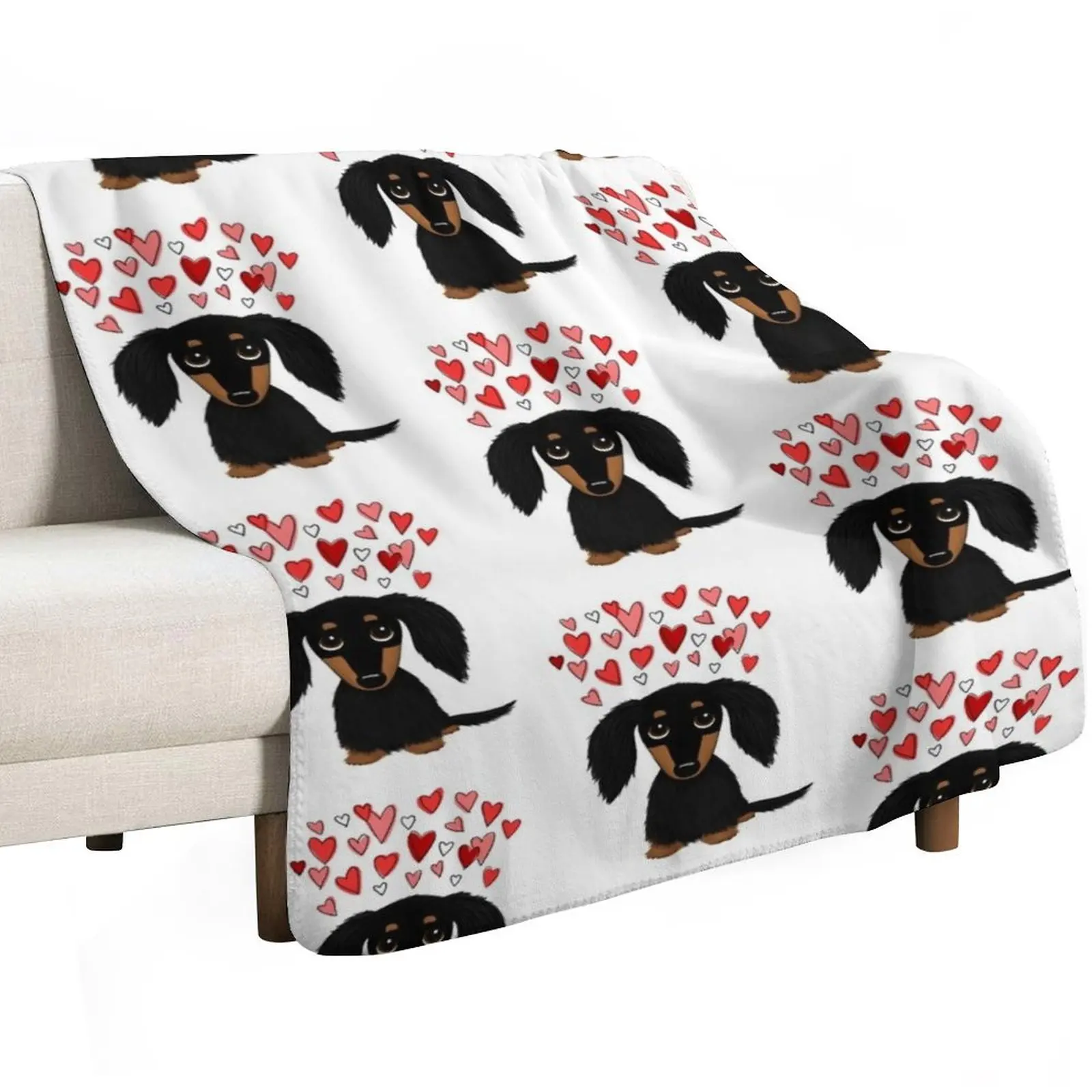 Black and Tan Longhaired Dachshund with Hearts Throw Blanket Soft Plaid Soft Beds Sofa Quilt Blankets For Baby Blankets