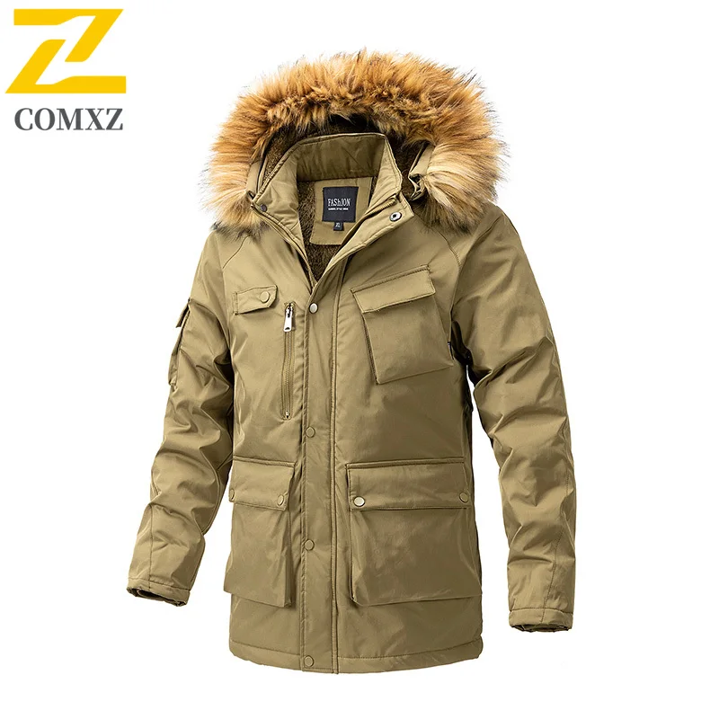 

Men Padded Jacket Fleece Lined Outdoor Constant Temperature Warm Parka Detachable Fur Collar Hood Mid Length Winter Cotton Coat