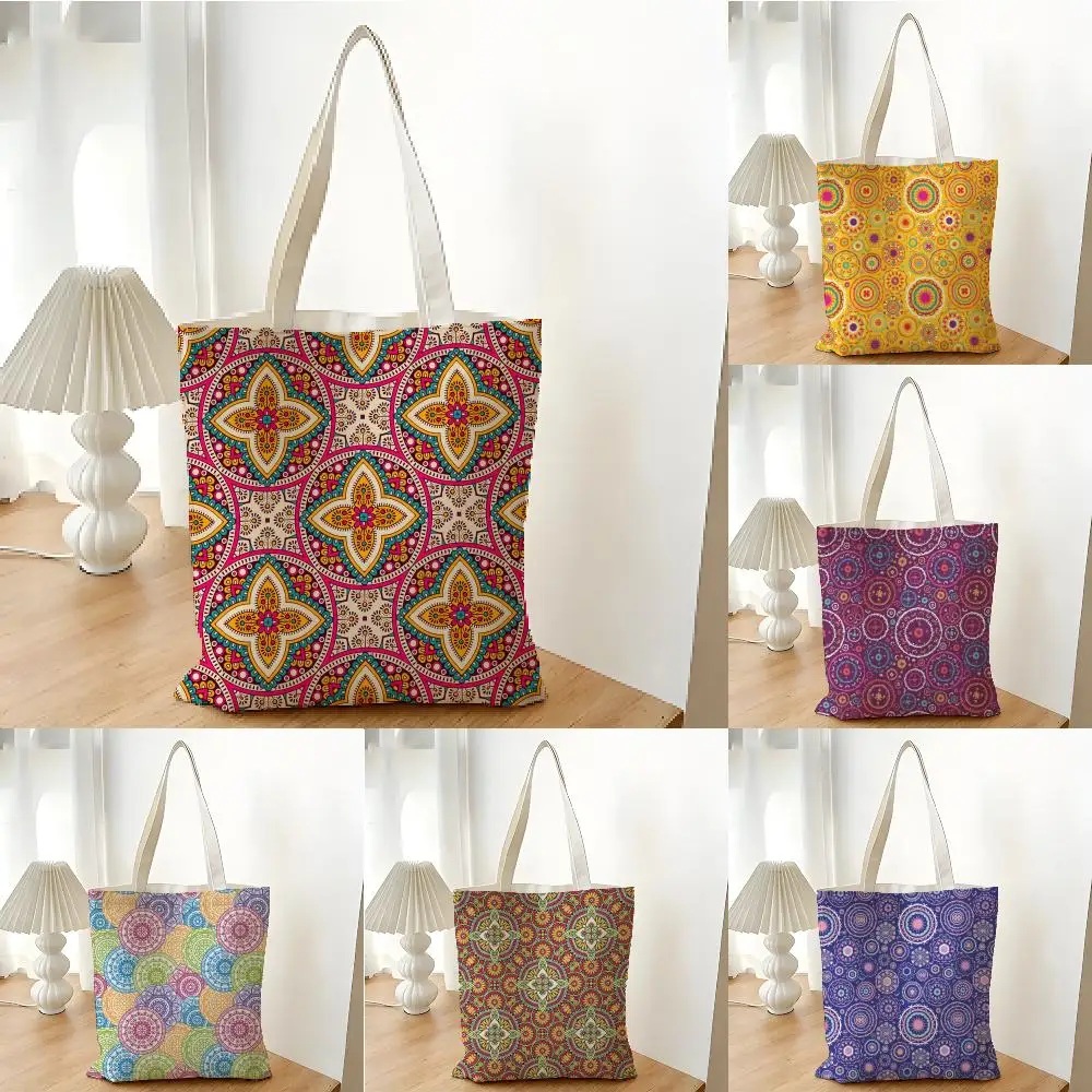 Bolsas de Almacenamiento, Bolsa de Compras de Lona, Bolsa de Supermercado, Bolsa de Mano para Fiesta de Navidad, Patrón Étnico Indio