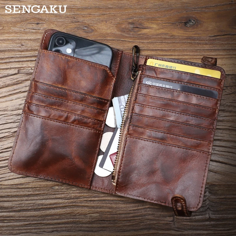 Large Capacity Card Slot Long Wallet For Men Retro Genuine Leather Clutch Wallets Handbag Bifold Money Bag Zipper Clutch Bag