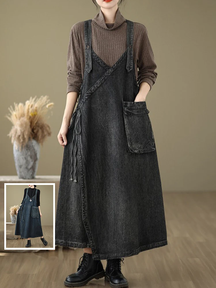 

Retro Washed Denim off Shoulder Gown Irregular Splicing Wide Leg Cotton Dress for plus Size Women Anti Aging Long Skirt