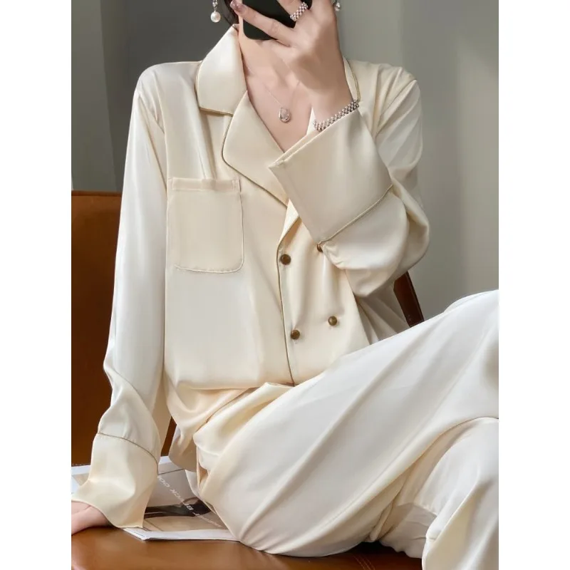 Sense of Advanced Double-breasted Ice Silk Pajamas Woman Long Sleeve Champagne Loose Loungewear Summertime Temperament Suit