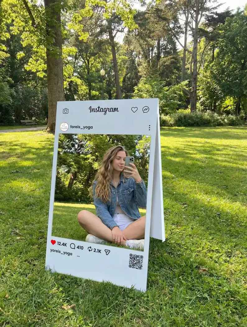 `Custom Instagram Selfie Frame QR Code A‑Frame Mirror Metal Photo Booth Sign for Salon Cafe Clinic Business Party Event Decor