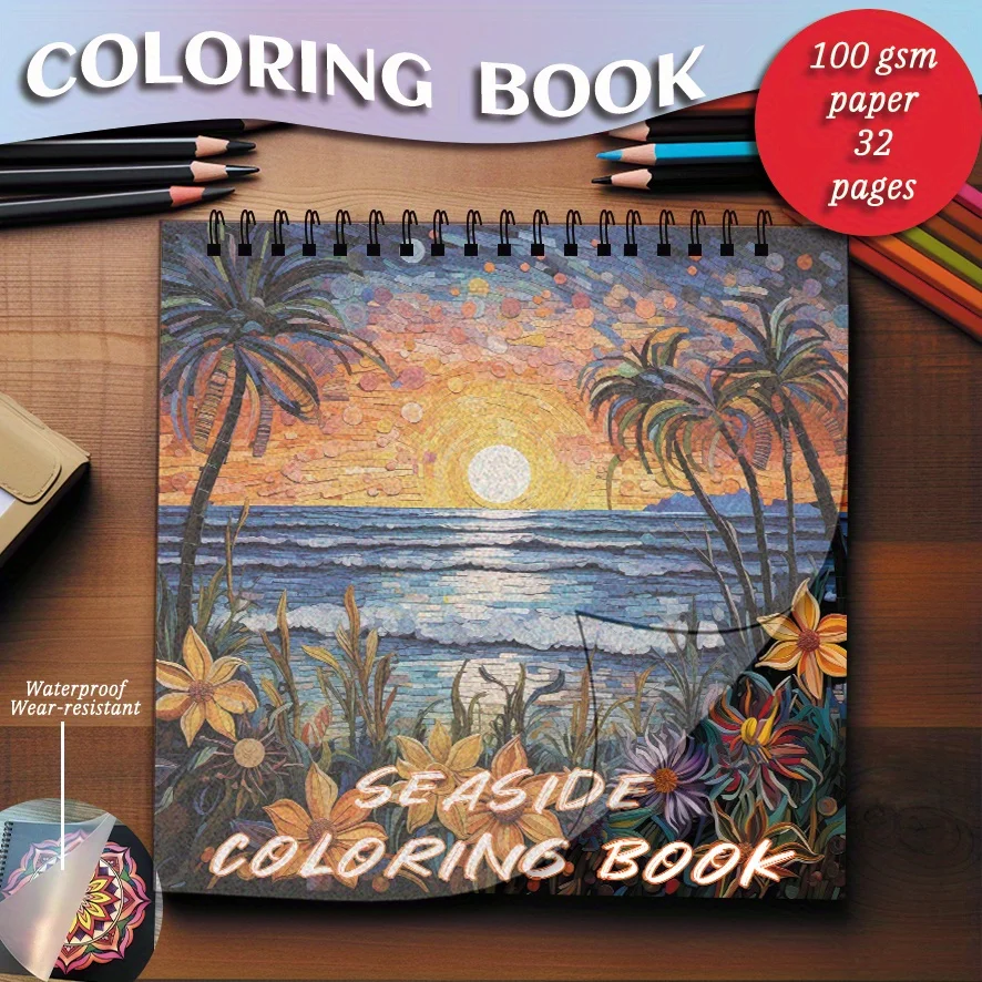 

Coloring Book - 7.87 x 7.87 inches 32 pages of beautiful seaside coloring book - helps soothe, doodle, holiday party gift, back