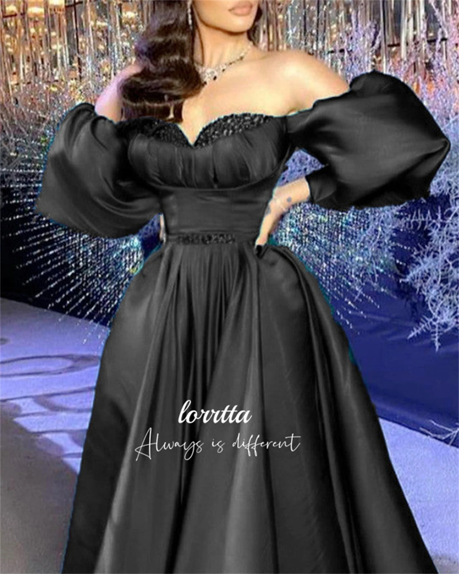 Lorrtta Beaded Decoration Evening Dress Line A Puff Sleeves Satin Black Dresses for Dancing Parties Ball Gowns Party