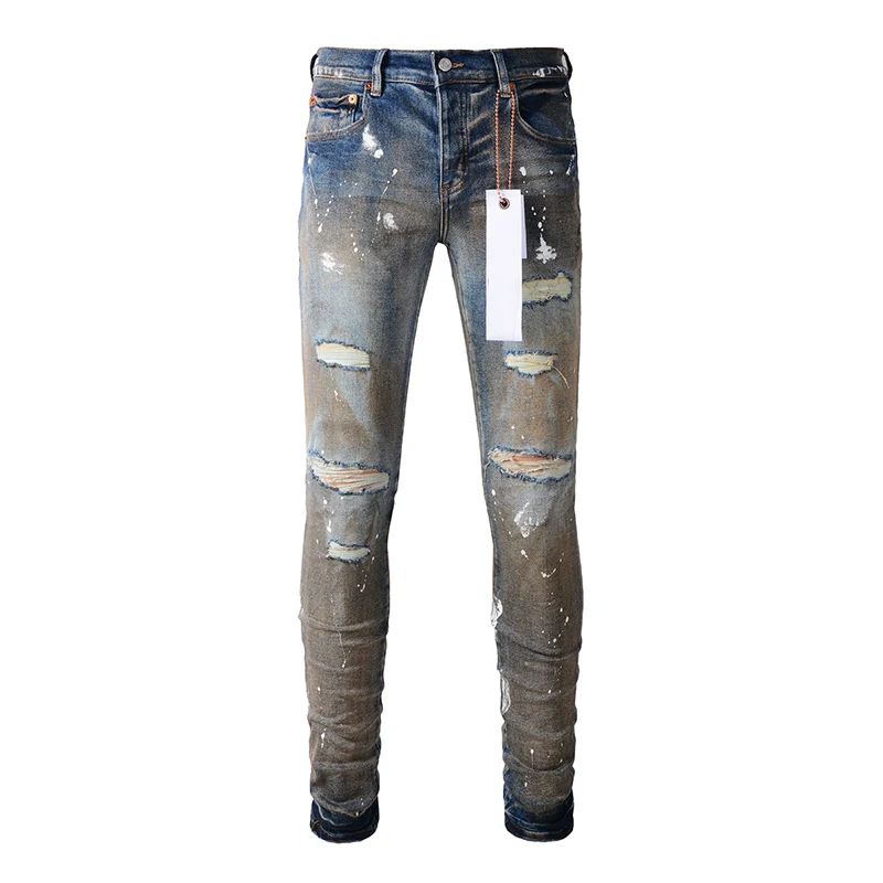 High Street American Fashion Style Graffiti Light Blue Distressed Dirty Skinny And Slim Fit Destroyed Holes Ripped Jeans