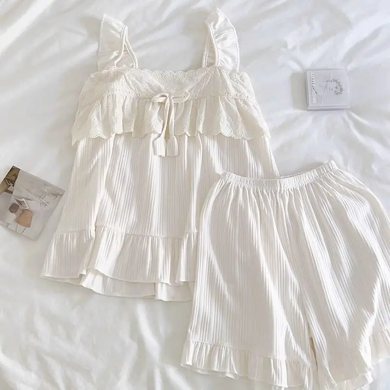 Pajama Sets Women Ins Kawaii Ruffles Sleeveless Sweet Girls Sleepwear Korean Style Princess Vintage Stylish Pajamas Cozy Soft