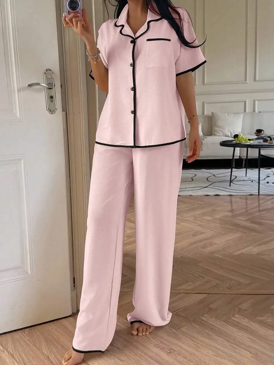 

Pink Contrast Trim Lapel Short Sleeve Pajama Set Women Loose Comfortable Sleepwear