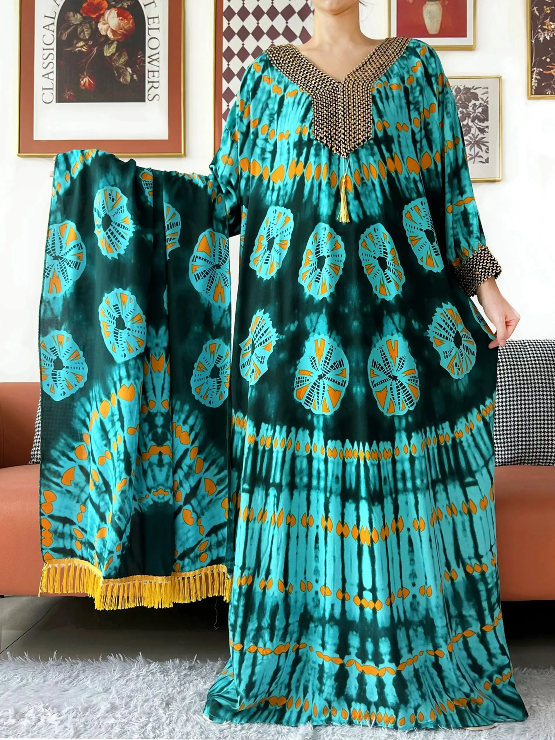 Robe musulmane élégante à manches longues, broderie fil d'or, coton pour femmes, ample, Abaya, style Boho, Maxi, tenue décontractée, robes africaines
