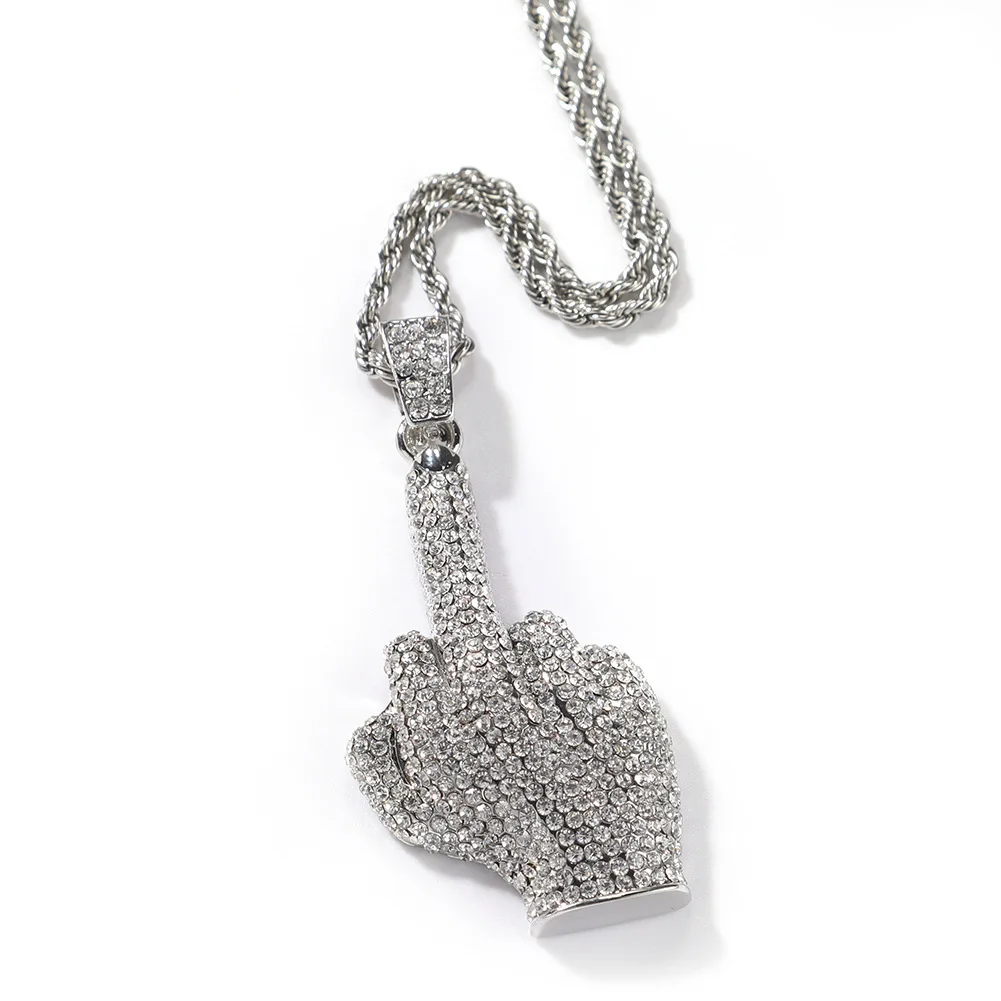 Ice Out Zircon Polite Gesture Middle Finger Necklace Men's Punk Hip Hop Rap Rock Party Jewelry