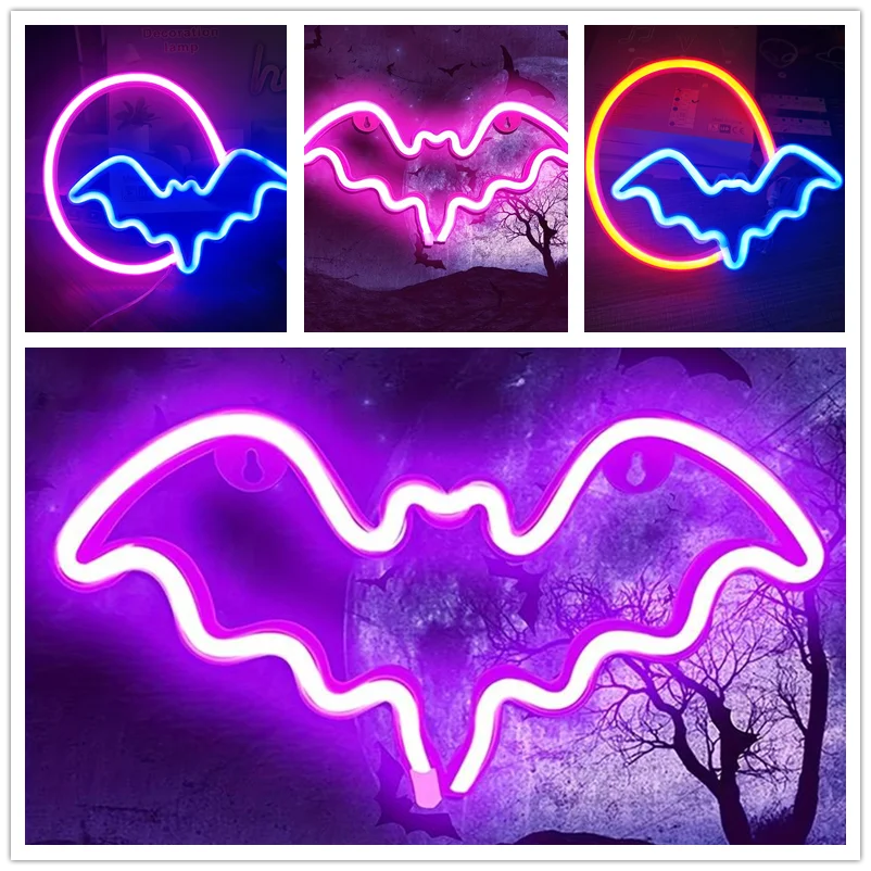 Halloween Decoration Lamp LED Moon Bat Neon Lamp Festival Neon Light For Bedroom Party Wall Home Hanging Decor Adult Kid Gift