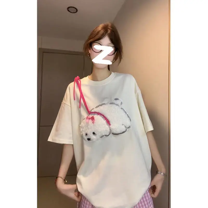 

Women's Loose Casual O-neck Pure Cotton Short Sleeve T-Shirt Summer New Fashion Cartoon Embroidery Sweet Tops