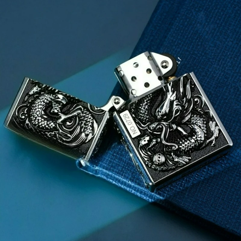 2026 ZORRO Armor Embossed Dragon and Phoenix Kerosiene Windproof Lighter, Men's Metal Antique Lighter, Men's Smoking Gadget
