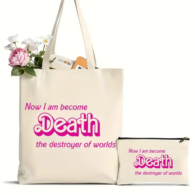 

2Pcs Now I Am Become Death The Destroyer of Worlds Pattern Tote Bag Canvas Shoulder Bag for Travel Daily Commute Women's Reusabl