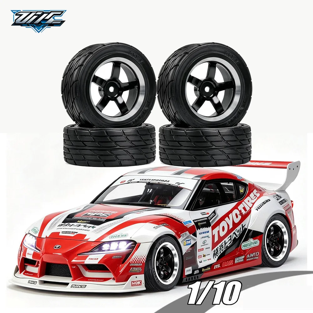 4Pcs 1/10 RC Rally Street Tires Aluminum Alloy Wheels 12mm Hex for Tamiya HSP 94123 TT01 TT02 On Road Touring Car Upgrade Parts