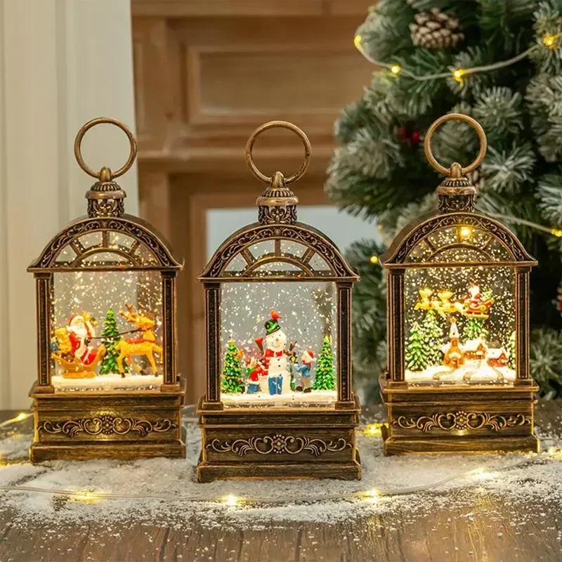 Tabletop Ornament Christmas Festival Gifts，Light Up Snow Globe Lantern Swirling Glittering Lantern With Music ，Battery Operated