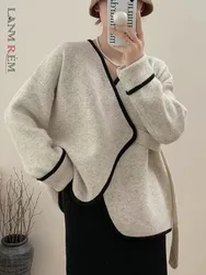 LANMREM Women Knitted Cardigan V Neck Color Block Loose Korean Style Female Fashion Bandage Sweater 2024 Autumn New 2Z2428