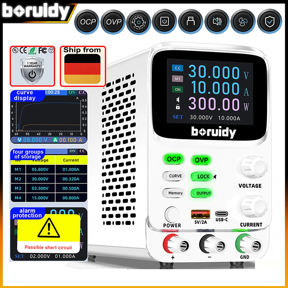 Boruidy Labor-Testnetzteil, variabel 30V 60V 120V, 5-stelliges TFT-Display, 0,01mA 0,1mV hohe Präzision, Spannungs-Strom-Doppelkurven-Tischnetzteil, OCP OVP Speicherfunktion, geeignet für