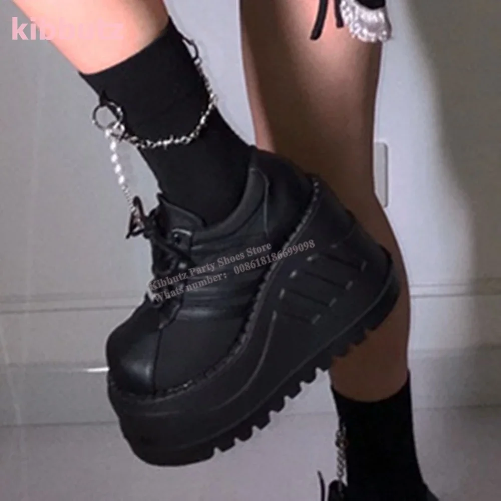 Thick Bottom Sneaker Pumps Platform Genuine Leather Lace-Up Solid Color Y2k Punk Rock Fashion Novelty Concise Women Shoes Newest