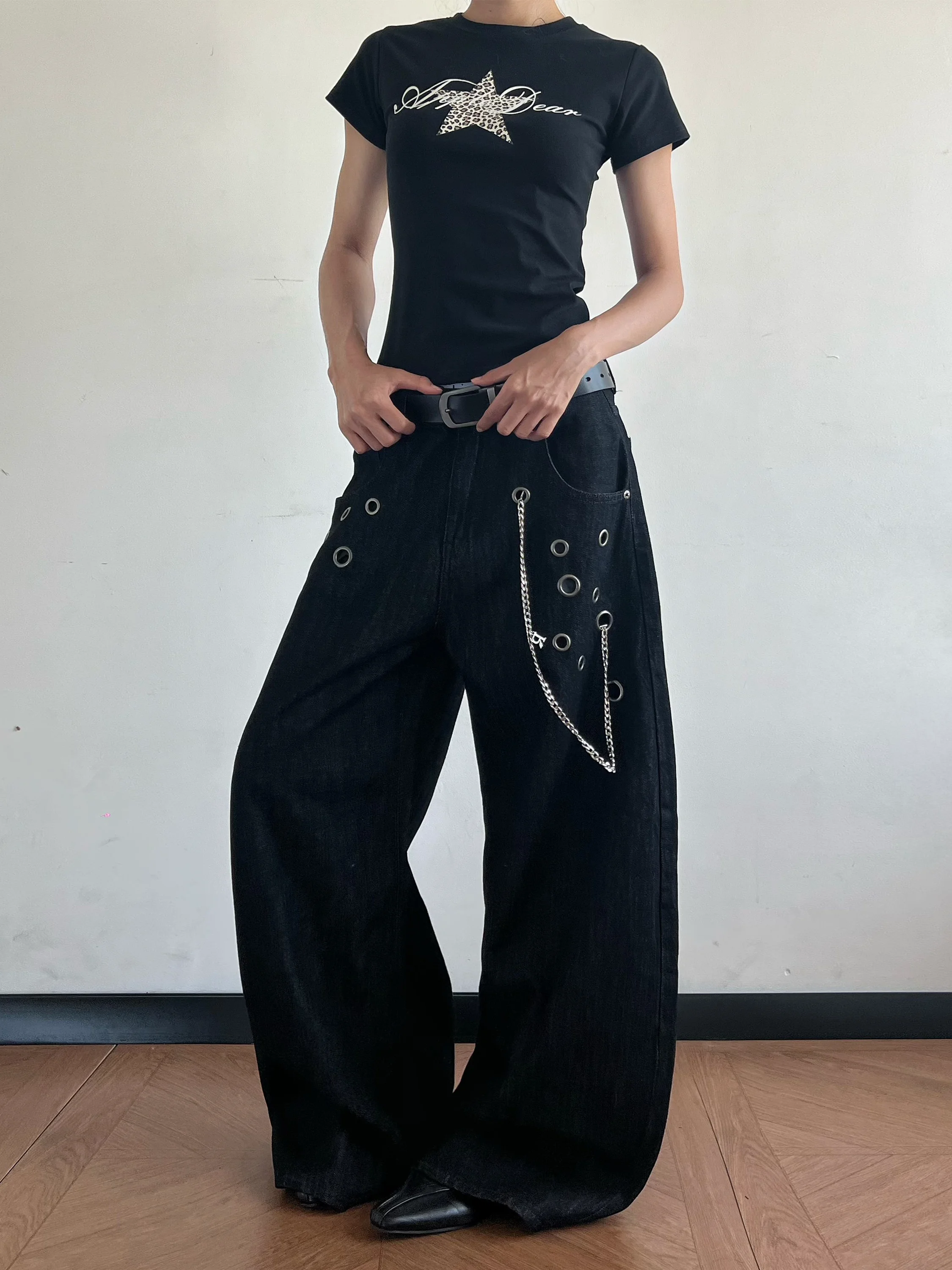 Retro American High Street Metal Hollow Chain Washed Loose Wide Leg Knife  Men's Jeans Versatile Trendy Trousers