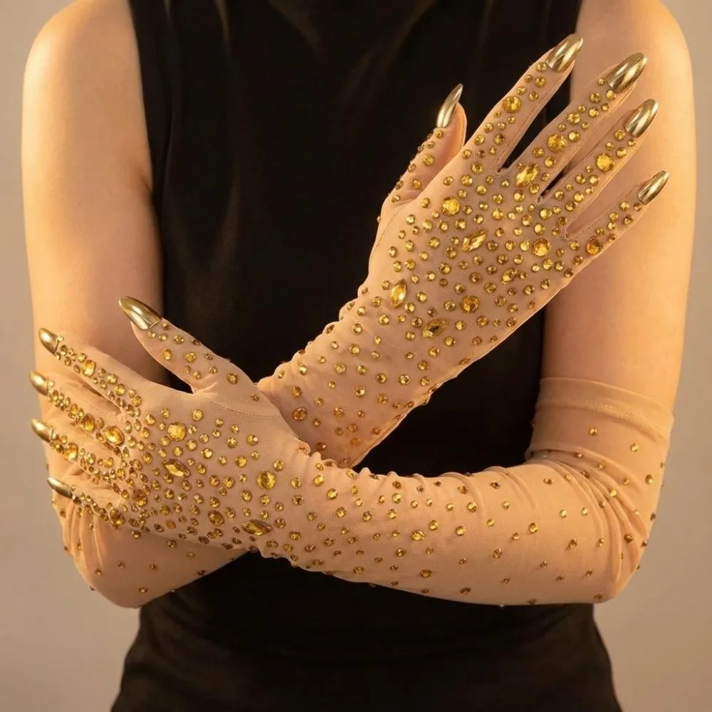 Trendy Sparkling Rhinestone Gloves Luxurious Stretch Crystal Mesh Gloves Soft Thin Long Wedding Mittens Singer