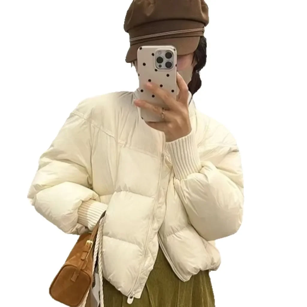 2025 Winter New High-end Knitted Baseball Collar Small Warm Thick White Short Down Cotton Cotton Jacket