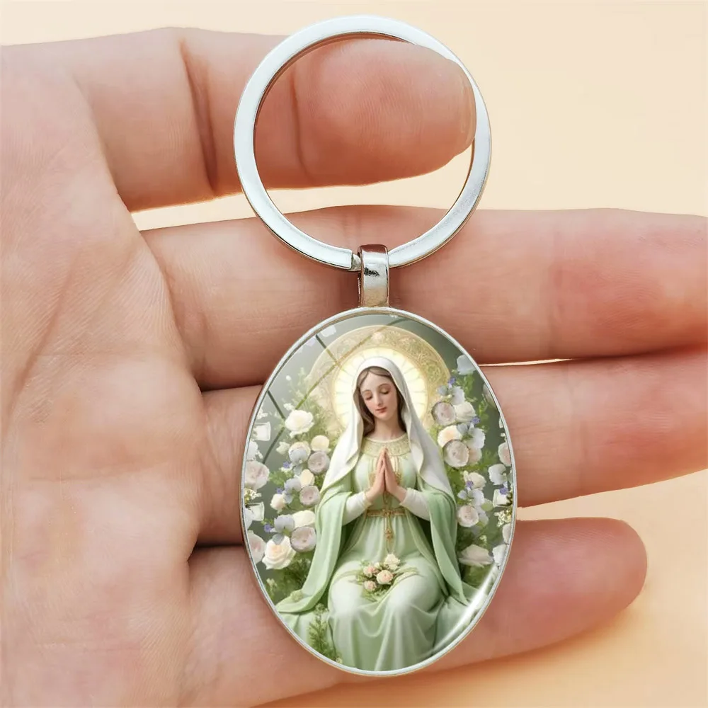 Virgin Mary Glass Time Gemstone Keychain Religious Metal Jewelry Suitable for Car Keys and Backpack Pendants Family Member Gifts