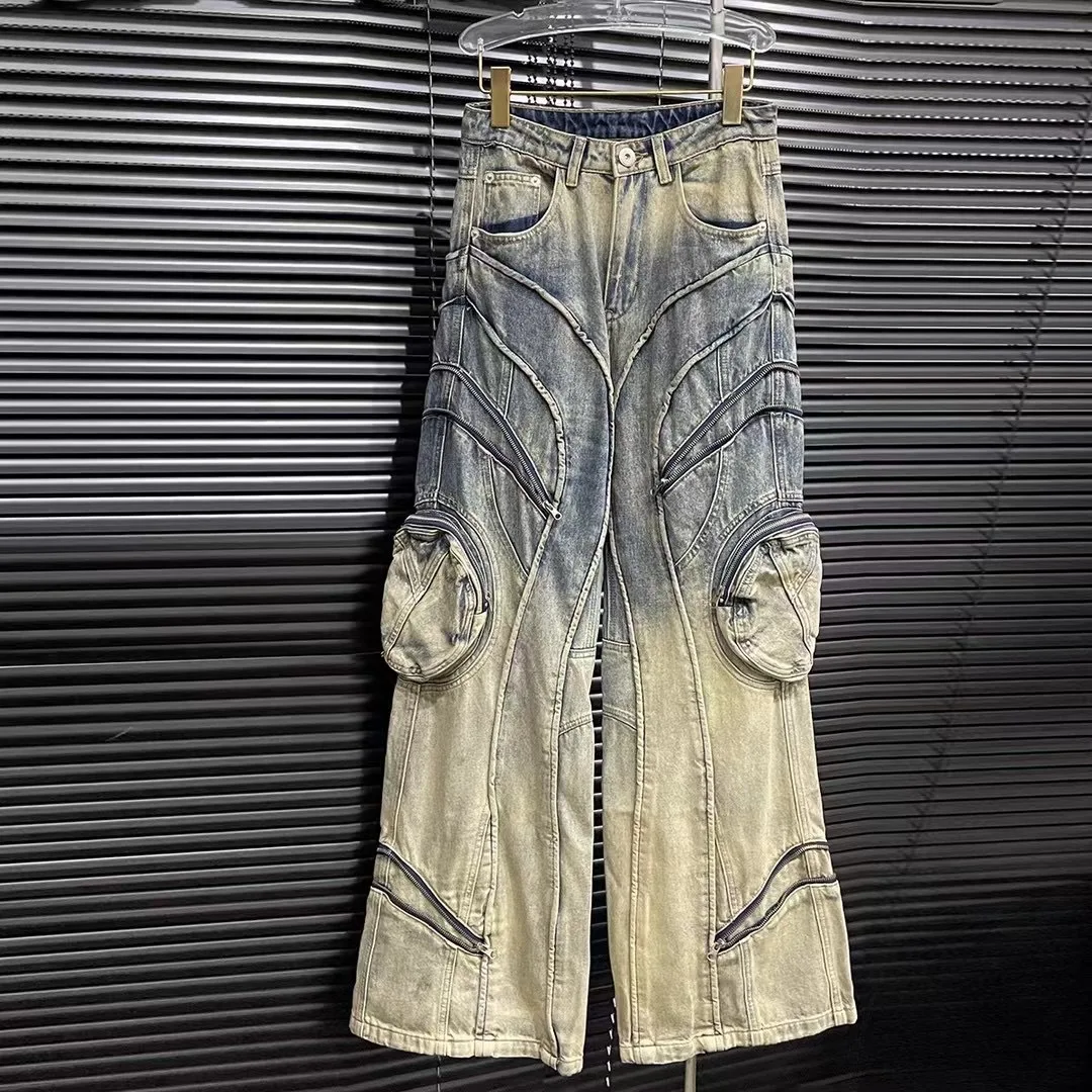 

2024 vintage high-end do old color-changing zipper jeans autumn and winter new straight casual pants