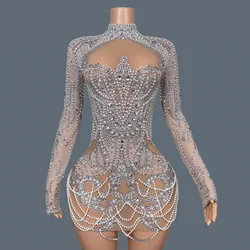 High-end Shine Rhinestones Elegant Mini Dress Women Sexy Birthday Party Pearls Crystals Dress Luxury Dinners Evening Dress Pansi