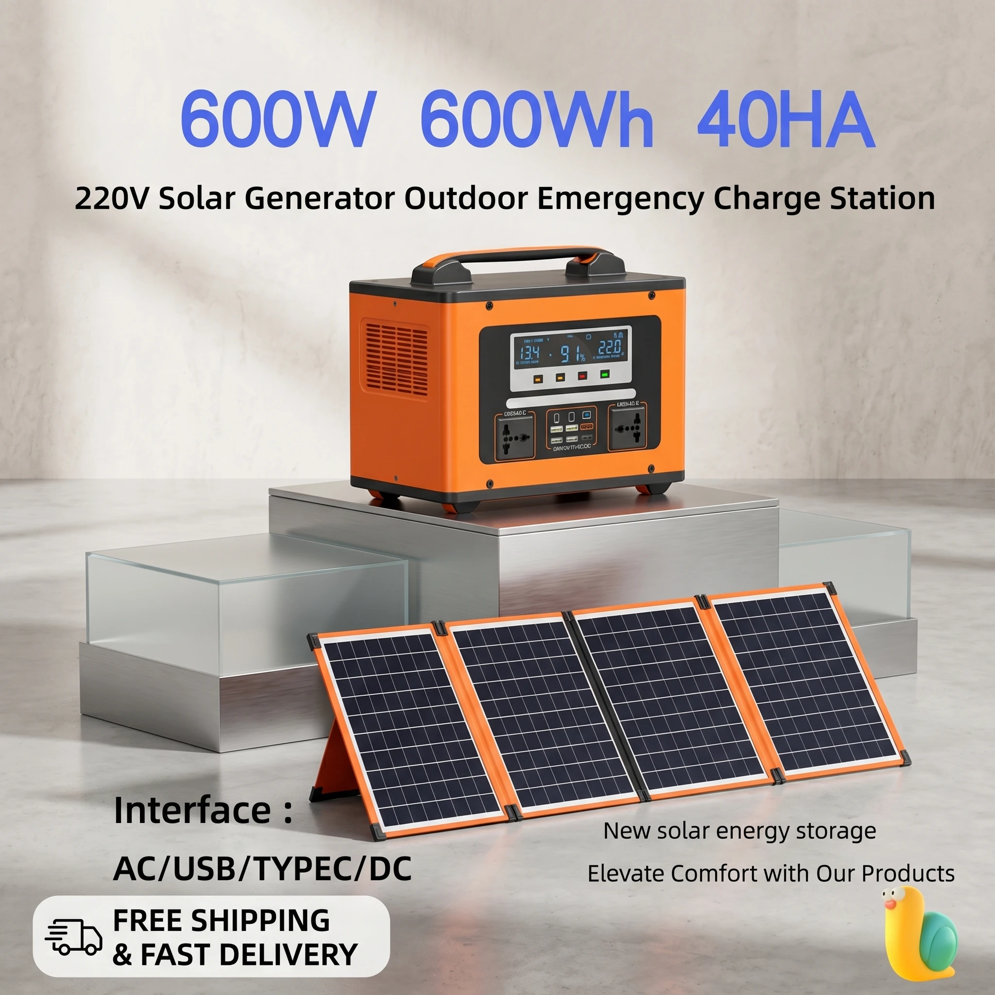 

600W Portable Power Station 600Wh Solar Generator 220V AC Outlet Outdoor Emergency Battery Pack for RV Camping Travel 40Ah