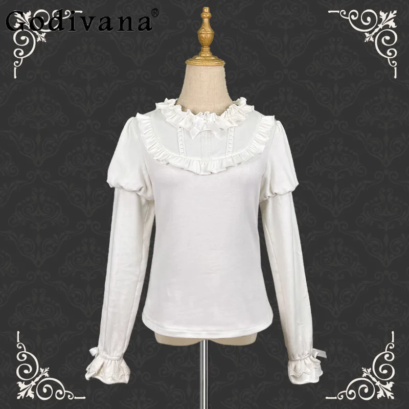 

Women's Lolita White Long-sleeved Shirt Womens Japanese Stye Sweet Cute Girls Warm Thickened Blouses Top Autumn and Winter New