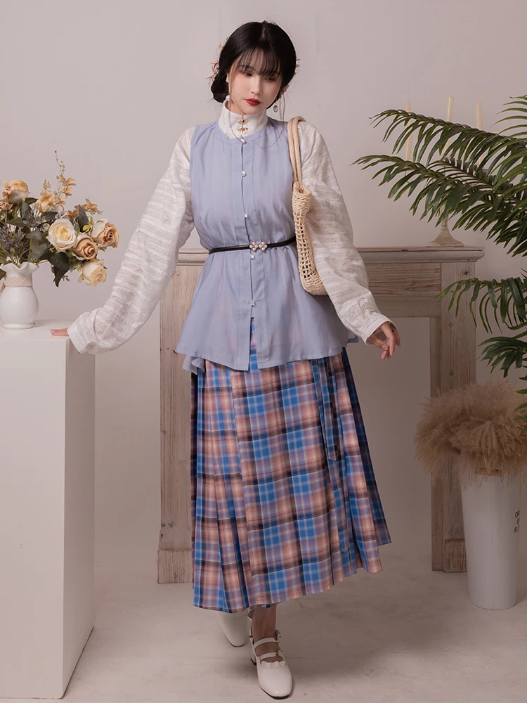 

Современная юбка-карандаш в клетку Ming Dynas с воротником-стойкой и бантом, в стиле ханьфу, для женщин, из смесового полиэстера и хлопка