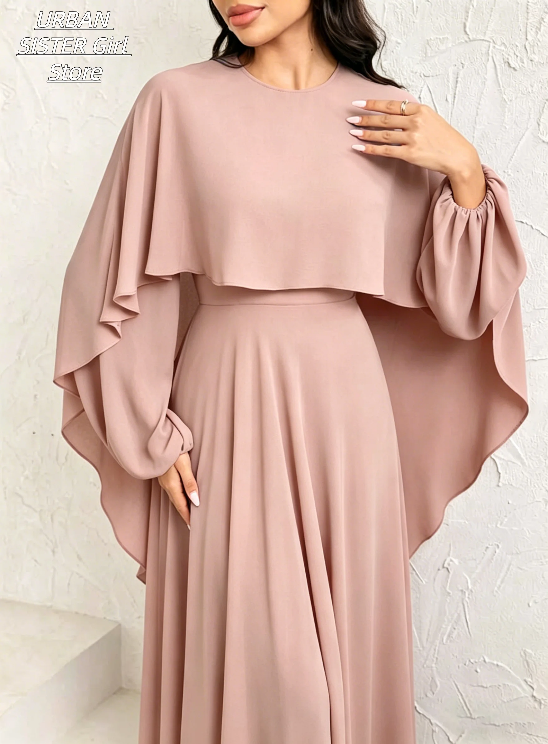 Nude Pink Round-Neck Cape Shawl Puff Long-Sleeve High-Waist Flowing Chiffon Long Dress, Elegant and Figure-Flattering Wedding Bridesmaid Banquet Gown view 2