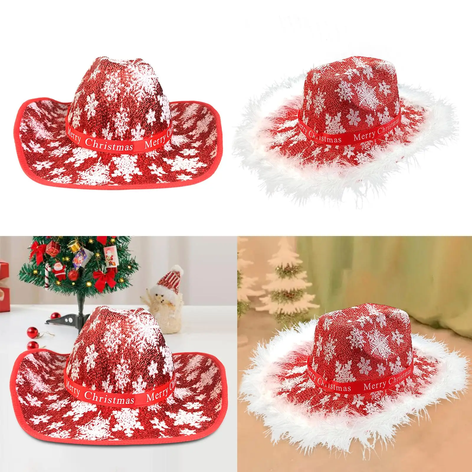 

Red Cowboy Hat Snowflake Printed Cowgirl Hat Wide Brim for Christmas Costume