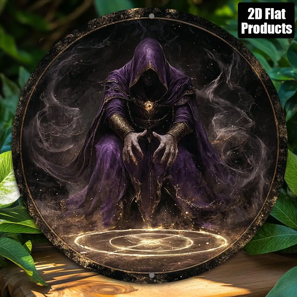 

Wizard-Themed Round Metal Wall Art Plaque - Mystical Forest Scene & Glowing Runes, Perfect for Home, , Metal Wall Art Decor