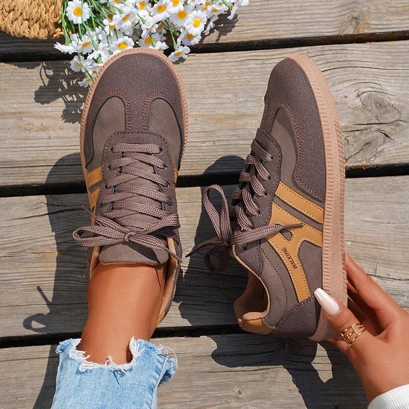 Mix Color Women\'s Autumn Sneakers Fashion Splicing Flat Heel Vulcanized Shoes Female Lace-Up Non-Slip Pu Leather Casual Shoes